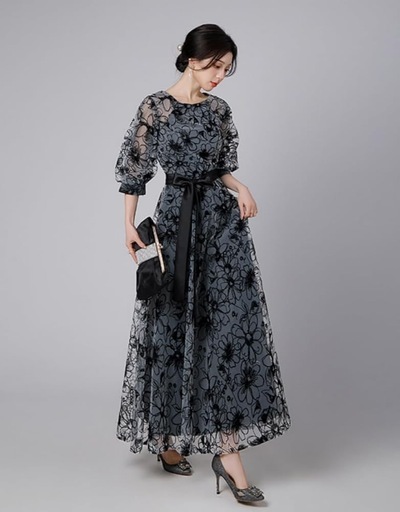 パーティードレス 花柄 裏地付き Aライン ロング丈 フォーマル 工場