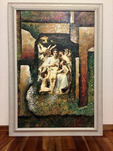 大型 額装 女性と天使 絵画 西洋絵画風 アンティーク調 インテリアアート 100×73cm