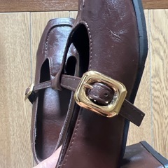 ブラウン 合成皮革 ローファー 中ヒールの画像