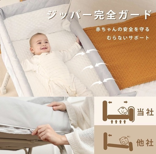【未使用品】ベビーベッド 添い寝 4輪オートロック 新生児用 グレー