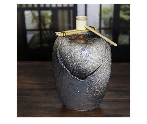 美品　和風庭園用 蹲踞（つくばい）石水鉢 竹柄杓付き 