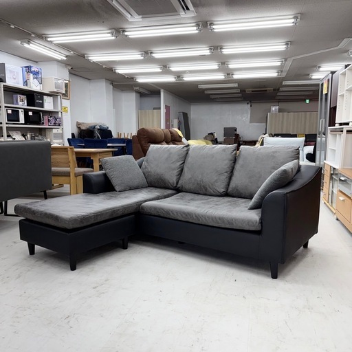 【超美品‼️】定価118,800円♪ サカイ工芸 186cm幅3人掛けカウチソファ 左右入れ替え可能 レザーファブリック グレー♪