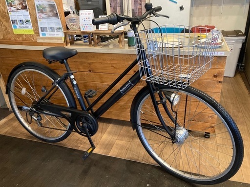 【前タイヤ新品！LEDオートライト】6段変速　26インチ自転車　マットブラック