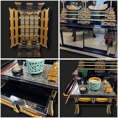 【美品　洗濯済み】真宗大谷派 仏壇 本漆 金粉仕上げ 黒塗り 金具装飾 仏具一式 経机付き ランプ点灯確認済み 大型 収納付き 伝統仏壇 50代の画像