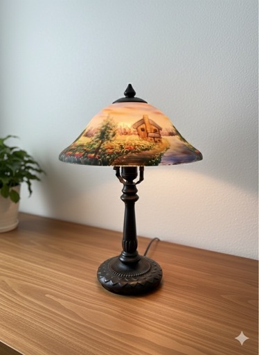 アンティーク　テーブルランプ　スタンドライト　風景画　デスクライト　彫刻　PAINTED GLASS TABLE LAMP