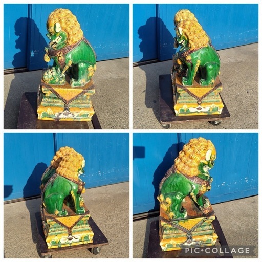 【民藝】唐三彩 獅子 置物 中国 DW東(0113i6) 唐三彩 獅子 2体セット 双獅子 狛獅子 中国美術 三色釉