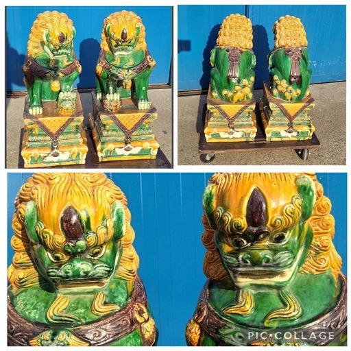 DW東(0113i6) 唐三彩 獅子 2体セット 双獅子 狛獅子 中国美術 三色釉