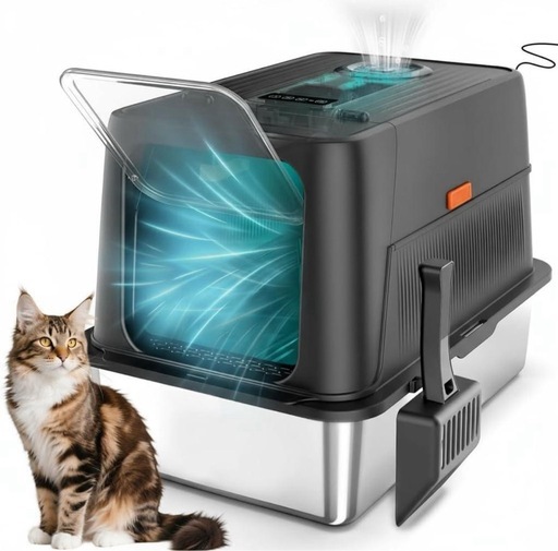 猫 トイレ 自動脱臭 大型 深型 猫砂ステンレス 自動空気清浄機能付き 洗える 猫❣️トイレ 自動脱臭 大型 深型 猫砂盆 本体ステンレス 自動空気清浄