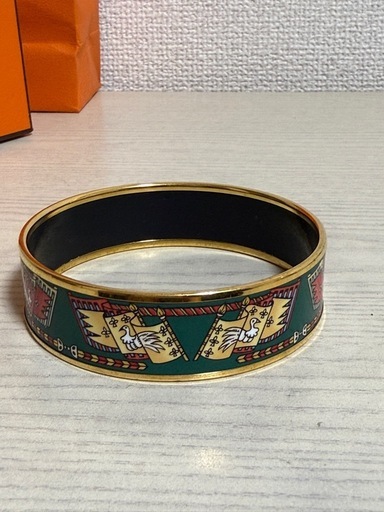 エルメス エマイユGM フラッグ＆バード 七宝焼 金メッキ 緑 約35g