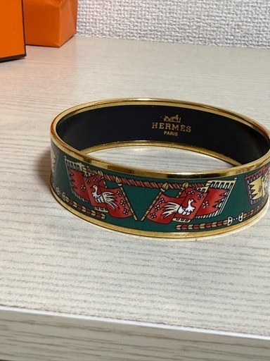 エルメス エマイユGM フラッグ＆バード 七宝焼 金メッキ 緑 約35g