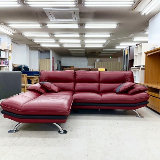 【超美品‼️】定価169,900円♪ ニトリ 235cm幅3人掛けカウチソファ クッション付き 本革製レッド♪