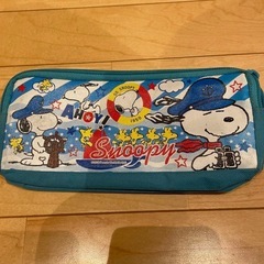 スヌーピー　筆箱　ペンケース　青　水色　便利　2口ファスナー　中古の画像