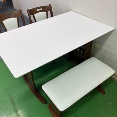 ダイニングテーブルセット　サイズ変更可能　折りたたみ式　白　茶色　回転式チェア　長椅子　イス　机　ダイニングセットの画像