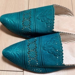 モロッコ　バブーシュ　本革　ヤギ　ピーコックブルー　24cm 25cm Lサイズの画像