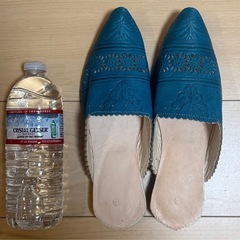 モロッコ　バブーシュ　本革　ヤギ　ピーコックブルー　24cm 25cm Lサイズの画像