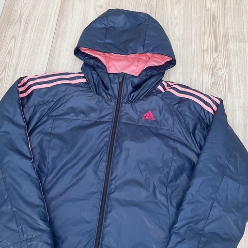 adidas ベンチコート ストライプ L ロゴ刺繍 裏地ピンク (ゆ) 宮内串戸