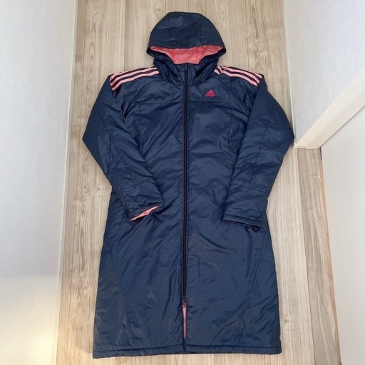 adidas ベンチコート ストライプ L ロゴ刺繍 裏地ピンク (ゆ) 宮内串戸