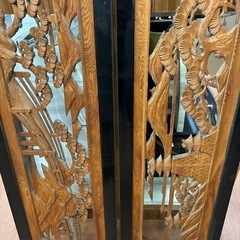   ★木彫り★彫刻 欄間 らんま 2枚セット 山水彫刻 黒枠 和風家具 古民家 和室 インテリア・幅185cm×高さ38cmの画像