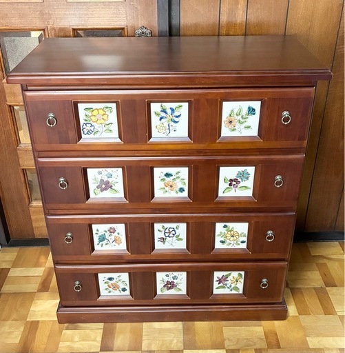 スペイン風 タイルデザイン チェスト/箪笥 4段 幅90×高98×奥43 (ykn