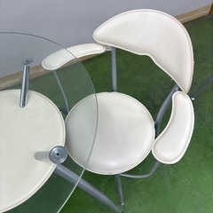 ダイニング3点セット ガラス丸テーブル＆チェア2脚 モダン ホワイト×シルバー ミッドセンチュリーの画像