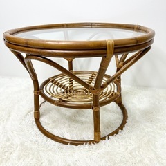 ラタン 籐 ガラス 丸テーブル 昭和レトロ ヴィンテージ インテリアの画像