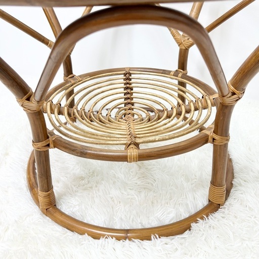 ラタン 籐 ガラス 丸テーブル 昭和レトロ ヴィンテージ インテリア (こ