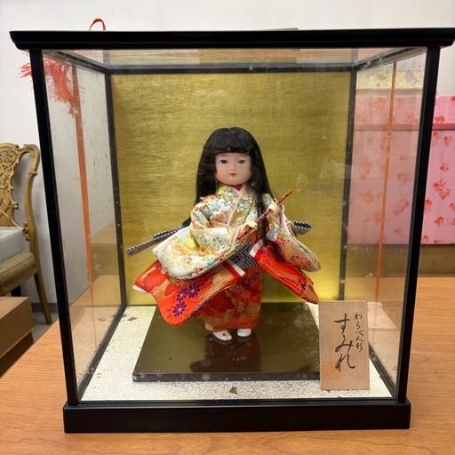 わらべ人形 すみれ｜木札あり 日本人形 ガラスケース入り（ケース汚れ