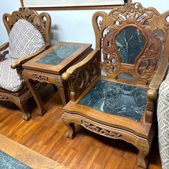 買値100万相当！豪華！唐木彫刻 応接家具ソファ 五点セット（石天板）の画像