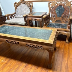 買値100万相当！豪華！唐木彫刻 応接家具ソファ 五点セット（石天板）の画像