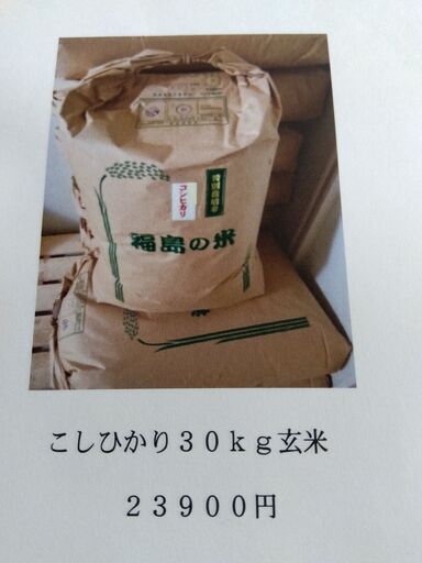 ２２　福島県産こしひかり中米１５３００円/３０ｋｇ玄米東日本送料込み　５袋分　特別栽培米