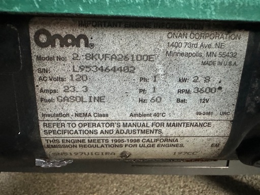 Onan オナン 発電機　2，8kw micro lite 2800マイクロライト 2800ジェネレーター