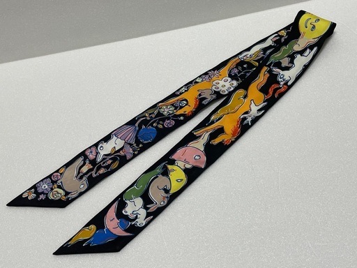 【売約】HERMES エルメス　リボン・スカーフ　シルク100％　ツイリーMILLE ET UN LAPINS 新品同様　正規品