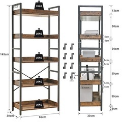 【美品】ヴィンテージ風 オープンラック 5段 木目調（棚高さ調節可・フック付き）の画像
