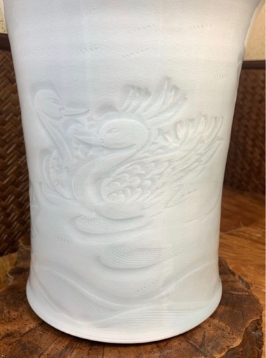 名工 塚本満 作 青白磁 水鳥文 花瓶 共箱 在銘 良品 茶道具 華道具