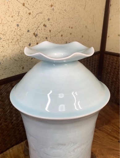 名工 塚本満 作 青白磁 水鳥文 花瓶 共箱 在銘 良品 茶道具 華道具