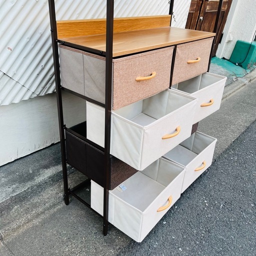 《売約済》ファブリックチェスト 8杯収納 ランドリーラック 木目天板 スチールフレーム 収納棚 シェルフ 北欧 モダン 収納家具  fabric chest storage rack drawer shelf steel frame wood top nordic modern furniture  検）収納ラック　ファブリック収納　引き出し収納　ランドリー収納　リビング収納　衣類収納　オープンラック　収納棚　木目天板　北欧インテリア　ナチュラル家具　モダン収納　整理棚