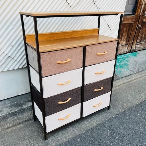 《売約済》ファブリックチェスト 8杯収納 ランドリーラック 木目天板 スチールフレーム 収納棚 シェルフ 北欧 モダン 収納家具  fabric chest storage rack drawer shelf steel frame wood top nordic modern furniture  検）収納ラック　ファブリック収納　引き出し収納　ランドリー収納　リビング収納　衣類収納　オープンラック　収納棚　木目天板　北欧インテリア　ナチュラル家具　モダン収納　整理棚