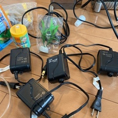 金魚、エビ、メダカの餌、水中ポンプなどの画像