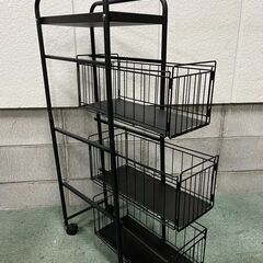 スチール製 3段 キッチンラック キャスター付 収納ラック ブラック 幅25cm×奥行42cm×高さ99cmの画像
