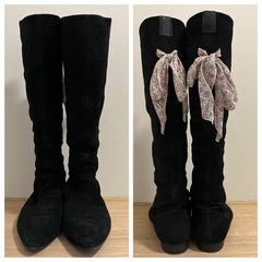 Fin フィン ロングブーツ スエード 23.5cm ブラック バックリボン 花柄 日本製の画像