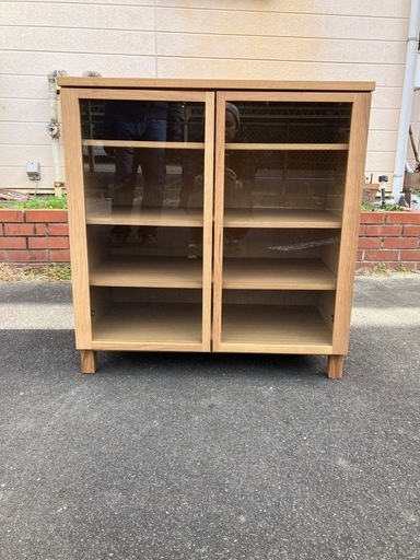 無印良品 キャビネット ガラス扉 観音開き 天然木 オーク材 食器棚