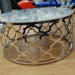 大理石風ガラステーブル 直径80×高さ41cm 金属フレーム センターテーブル カフェテーブル コーヒーテーブル  札幌市 清田区 平岡の画像