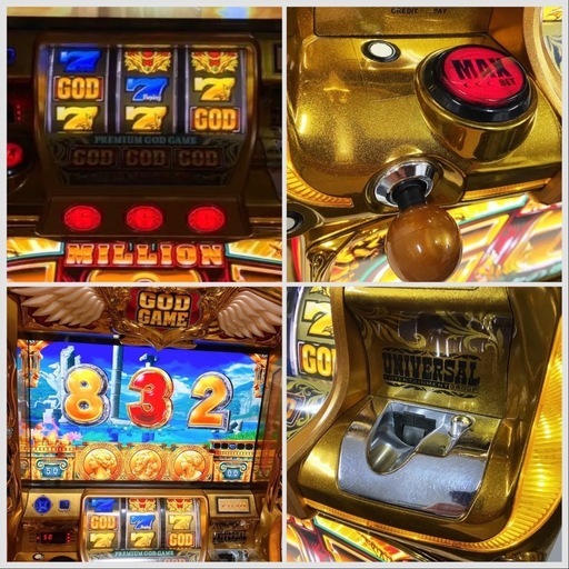 スロット 実機　ミリオンゴッド 神々の凱旋 コイン不要機付 パチスロ GOD 家庭用電源 ユニバーサルブロス ユニバーサル