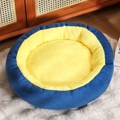 【新品未使用】ペットベッド 円形ブルー×イエロー 直径50cm 小型犬·猫用の画像