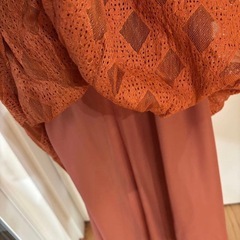 フォーマルドレス　オレンジ レース 半袖 ロングワンピースの画像