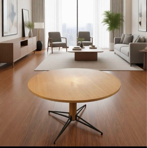 16万円品高級ラウンドダイニングテーブル｜オーク無垢風｜アイアン脚