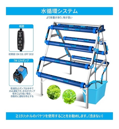 LAPOND 水耕栽培システム A型 青い食品級PVC-U管水耕栽培キット 72穴 水耕栽培植物用 自動水循環システム搭載 藻の繁殖を抑制 水耕栽培野菜/果物/ハーブ/花など 家庭菜園 室内 ベランダ 庭