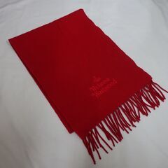 ( E-213 )Vivienne Westwood ヴィヴィアンウエストウッド マフラー フリンジ 羊毛 ウール100% ロゴ 刺繍 防寒 レッド系 通勤 通学 秋冬 中古の画像