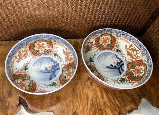 時代物 古伊万里 二重 角富 色絵 鳳凰 山水 図 中鉢 大鉢 2点セット