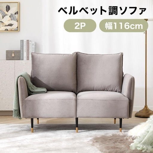 LOWYA 2人掛けソファー ベルベット調 グレー (ハムスター) 練馬の